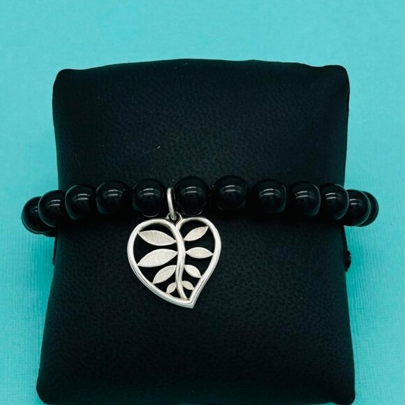 Tiffany & Co Rare Retired SS Olive Leaf 8mm Onyx Bead Bracelet 7.5” EUC - Picture 1 of 8
